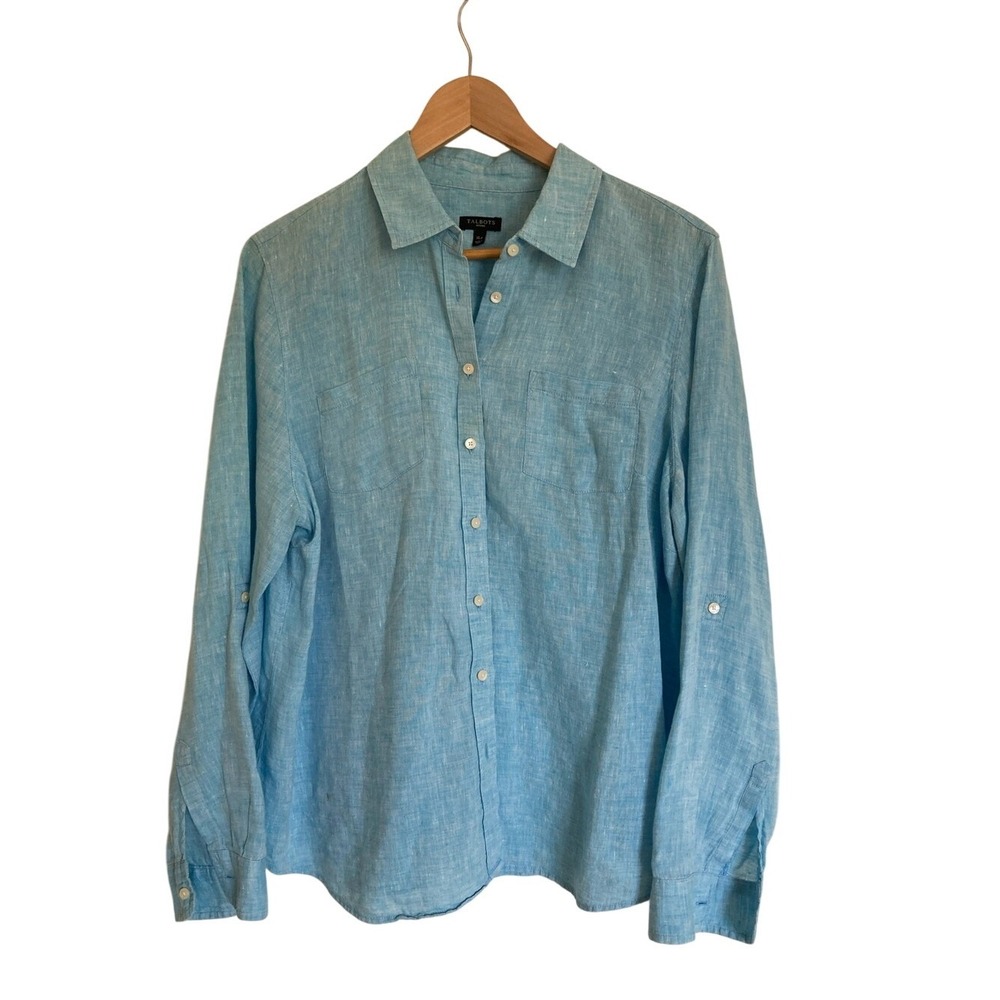 Talbots Womens Sky Blue Linen Button-Down Shirt Size‎ XLP Long Sleeve Classic